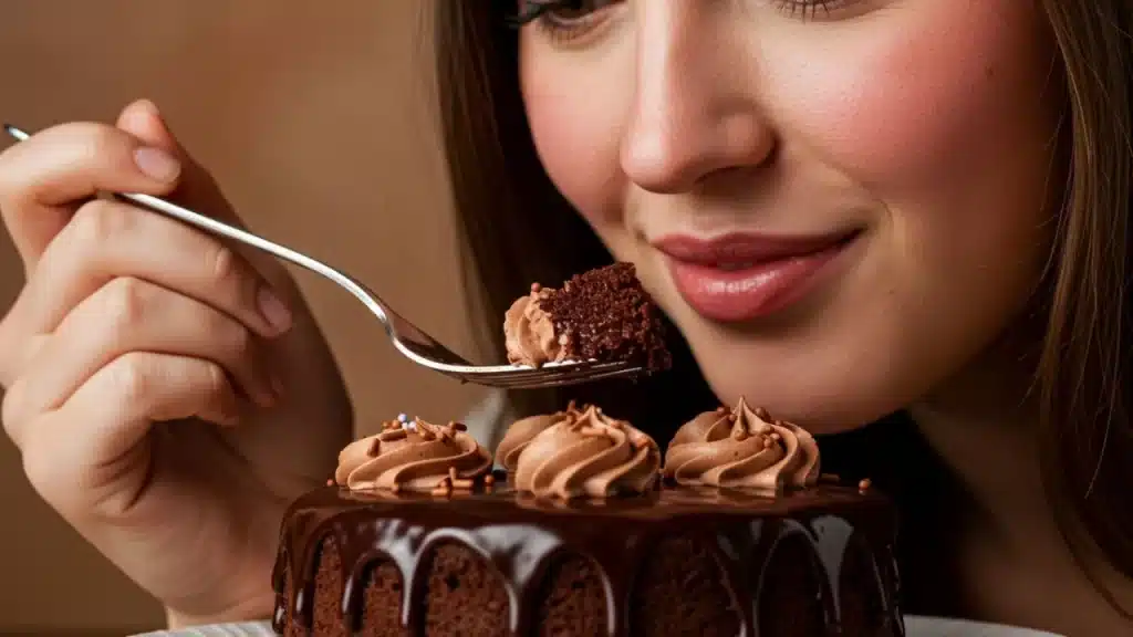 Receita de Bolo de Chocolate Fofinho e Cremoso | Faça Fácil 3 Fotografia de um bolo de chocolate fatiado com cobertura brilhante, ideal para acompanhar a receita online.