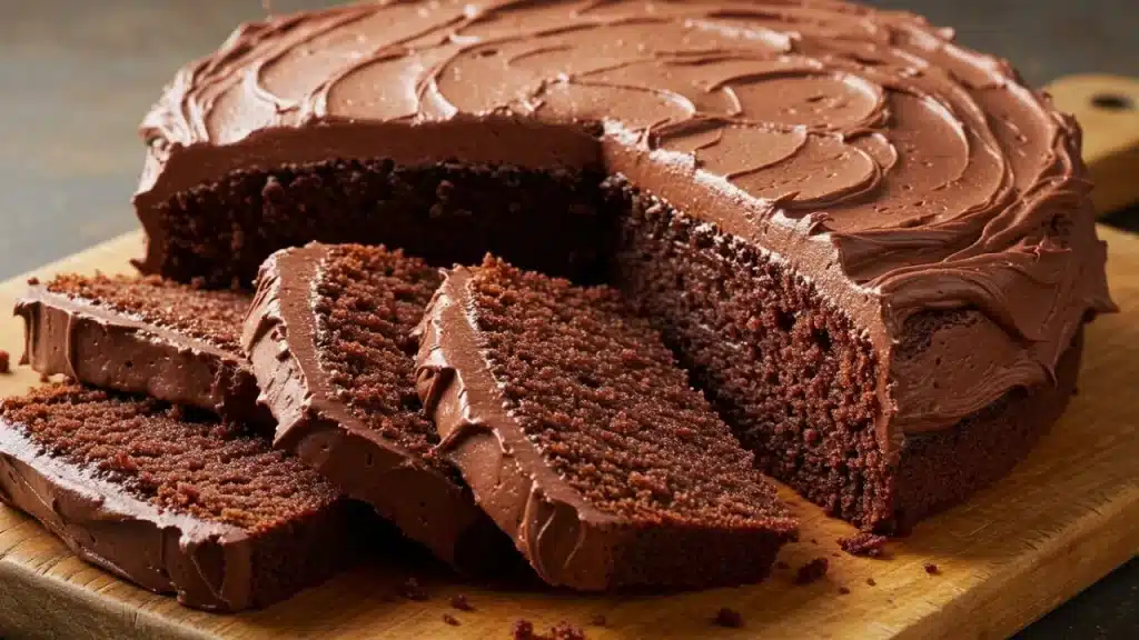 Receita de Bolo de Chocolate Fofinho e Cremoso | Faça Fácil 1 Bolo de chocolate caseiro fofinho cortado em fatias sobre uma tábua de madeira, com cobertura cremosa de chocolate e migalhas ao redor.