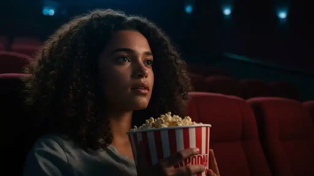 O Universo do CINEMA em Julho de 2025: Destaques, Lançamentos e Tendências 2 CINEMA em Julho: Uma espectadora com cabelo encaracolado e blusa cinza, segurando um balde de pipoca, imersa na tela do CINEMA. Representa a emoção e o foco em uma sessão de CINEMA.