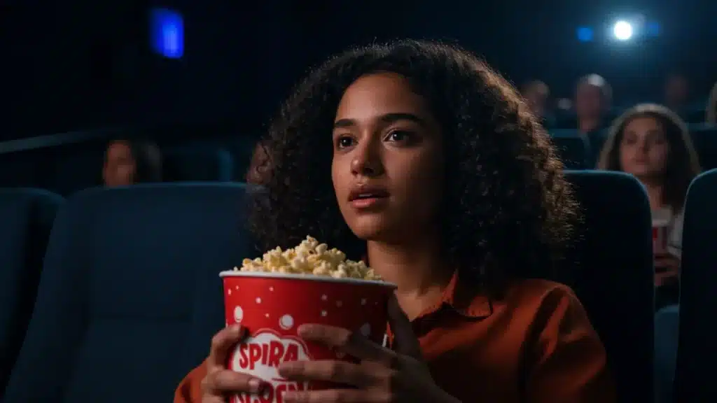 O Universo do CINEMA em Julho de 2025: Destaques, Lançamentos e Tendências 3 CINEMA em Julho: Uma jovem com cabelo encaracolado e blusa laranja, segurando um balde de pipoca, com uma expressão de surpresa ou choque enquanto assiste a um filme no CINEMA. Captura a intensidade de uma experiência no CINEMA.