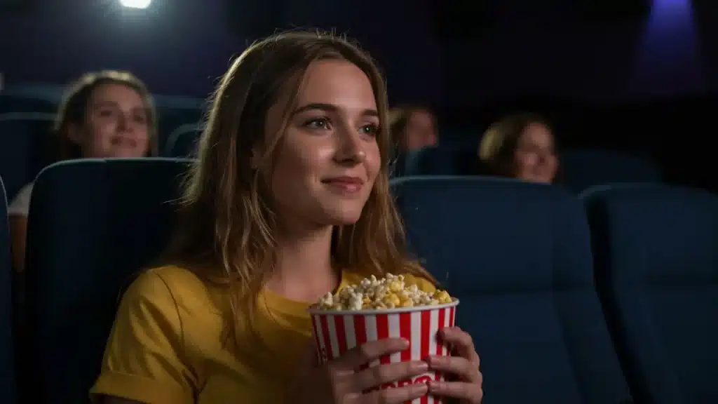 O Universo do CINEMA em Julho de 2025: Destaques, Lançamentos e Tendências 1 CINEMA em Julho: Uma jovem sorrindo no CINEMA, segurando um balde de pipoca listrado, aproveitando a sessão. A experiência do CINEMA em sua melhor forma.