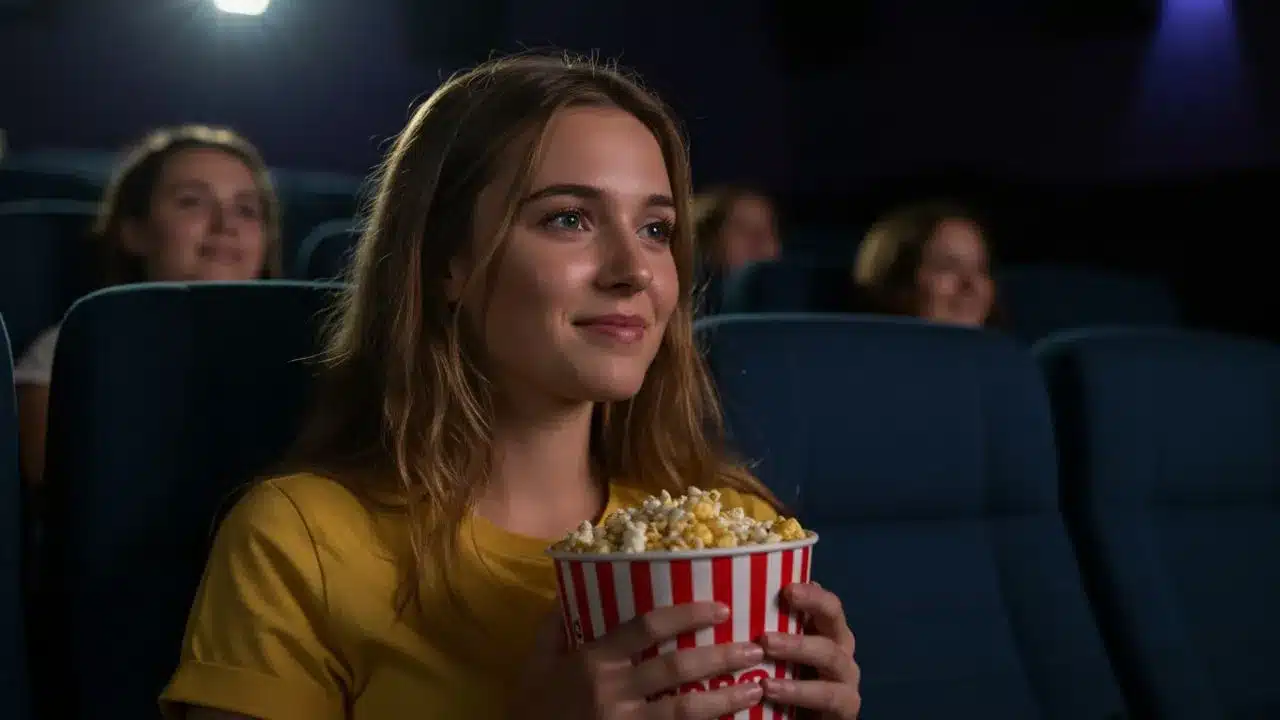 O Universo do CINEMA em Julho de 2025: Destaques, Lançamentos e Tendências 34 Uma jovem sorrindo no CINEMA, segurando um balde de pipoca listrado, aproveitando a sessão. A experiência do CINEMA em sua melhor forma.