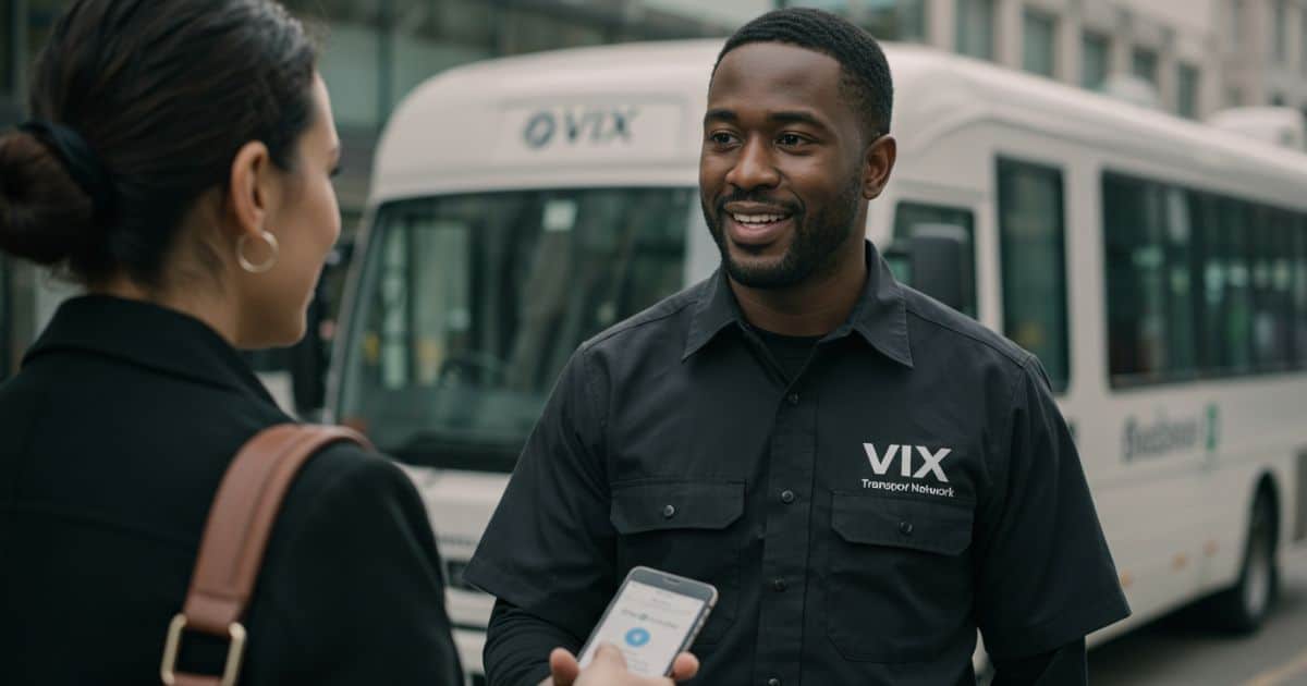 Rede VIX transportadora: tudo o que você precisa saber para contratar ou entrar em contato 31 Funcionário da Rede VIX transportadora prestando atendimento presencial a cliente empresarial em frente a ônibus corporativo da frota