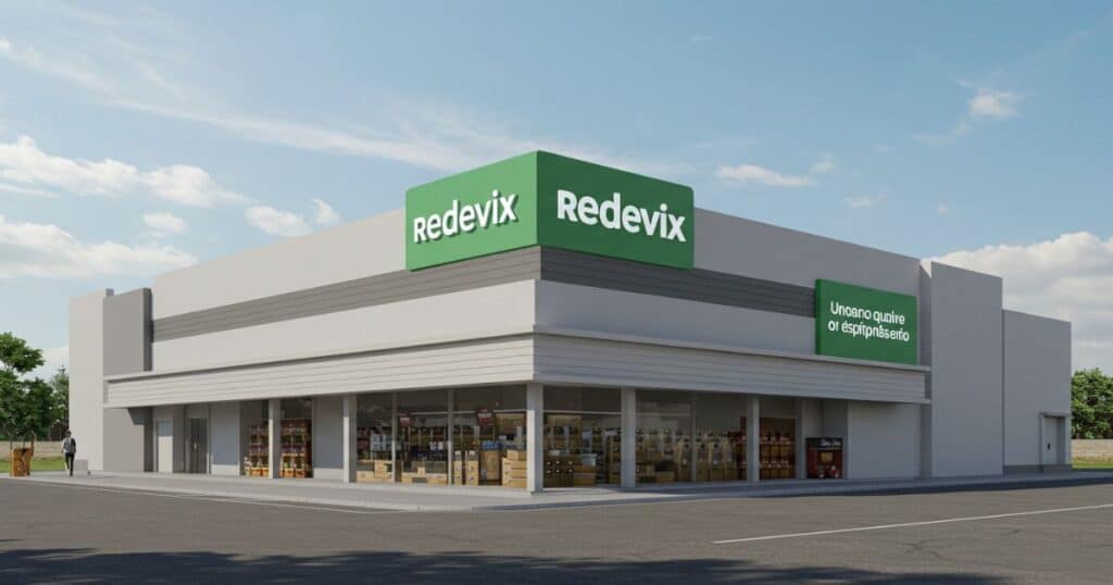 Fachada do supermercado Redevix em Guarapari, Espírito Santo, com a placa vermelha "REDEVIX" em destaque e pessoas entrando e saindo da loja.