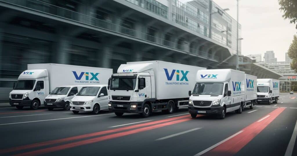 Caminhões e vans da frota da Rede VIX transportadora em movimento sincronizado em via urbana, representando eficiência logística nacional